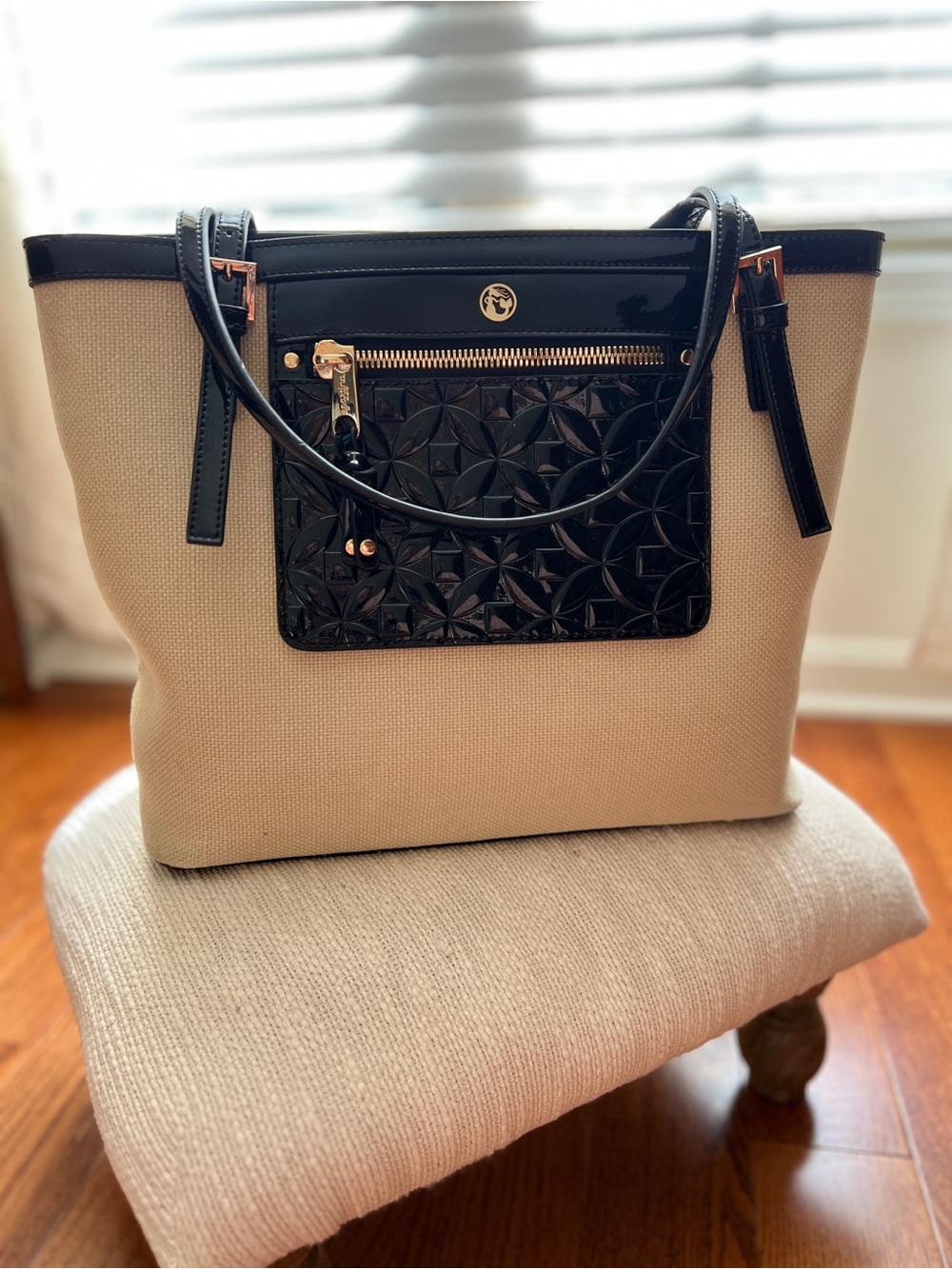 Spartina 449 Cream Canvas Tote with Black Patent Front Pocket